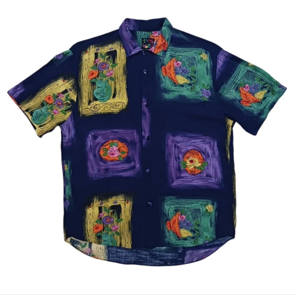VTG Jams World Hawaiian Shirt Still Life Fruit Flower Indigo Violet